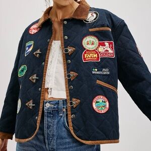 Found Farmstead Anthropologie Quilted Patchwork Blue & Brown Collar Jacket EUC